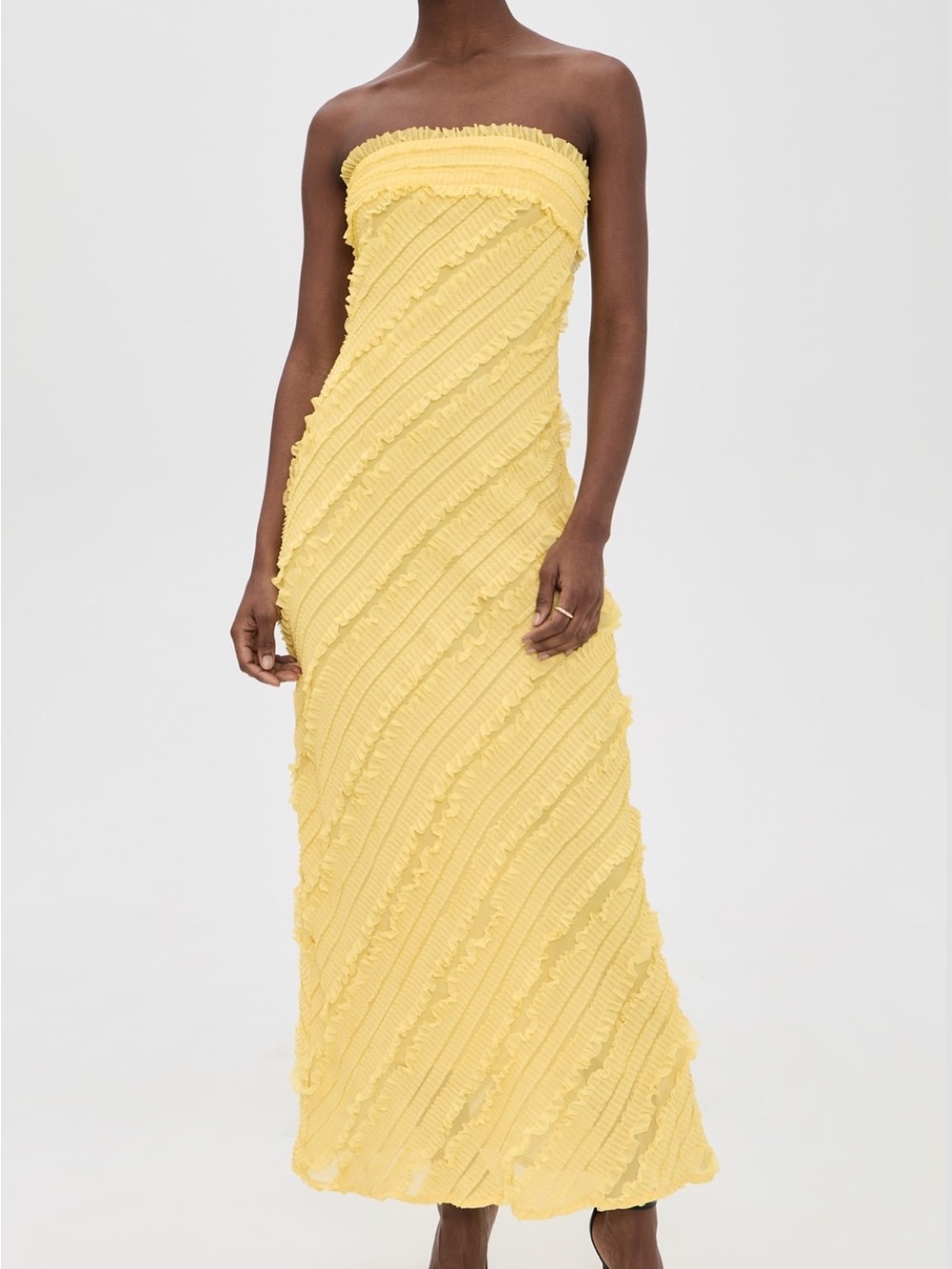 Endless Rose Strapless Ruffle-Textured Maxi Dress in Pale Yellow